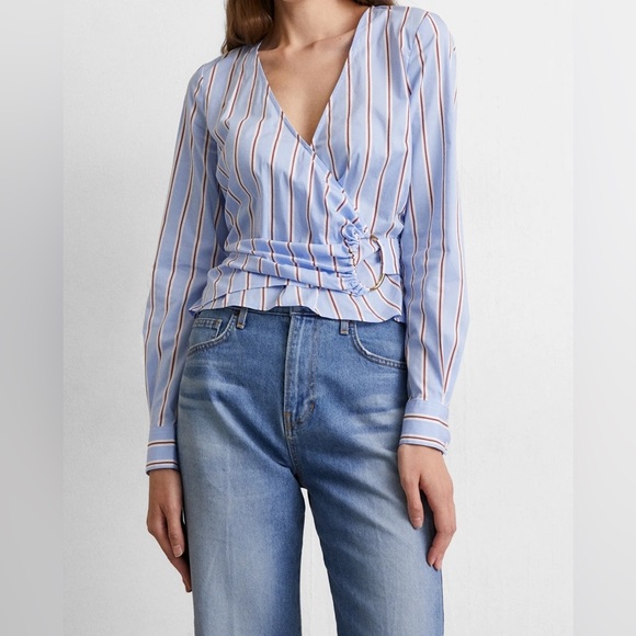 Veronica Beard Ozzie wrap-effect striped cotton-blend poplin top - Picture 5 of 16